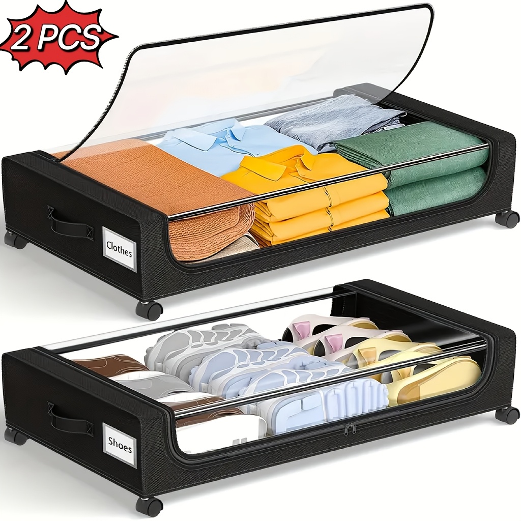 TEMU Under Bed Storage Box With Wheels, 2pcs, Grey Fabric Rolling Storage With Clear Window, Zippered Underbed Storage For Clothes Shoes Bedding,