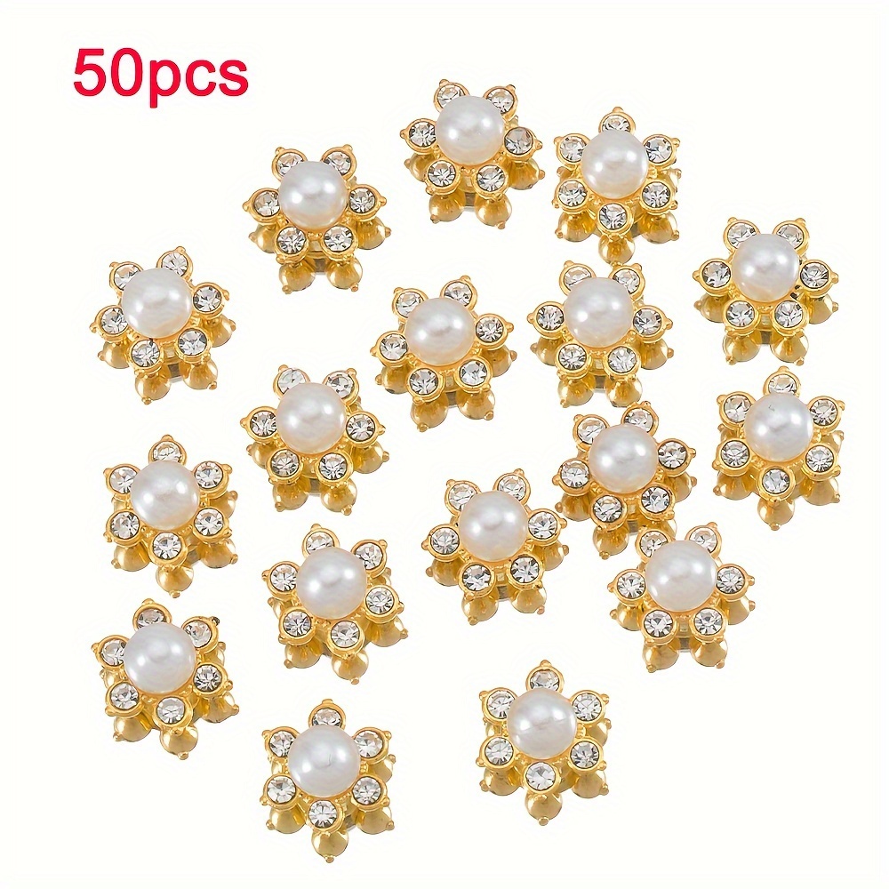 50pcs Elegant Golden-tone Flower-shaped Beads With Pearl & Rhinestone Accents, Alloy Craft Embellishments For , Bridal Headbands & Decorative Accessories, Charms For Jewelry Making