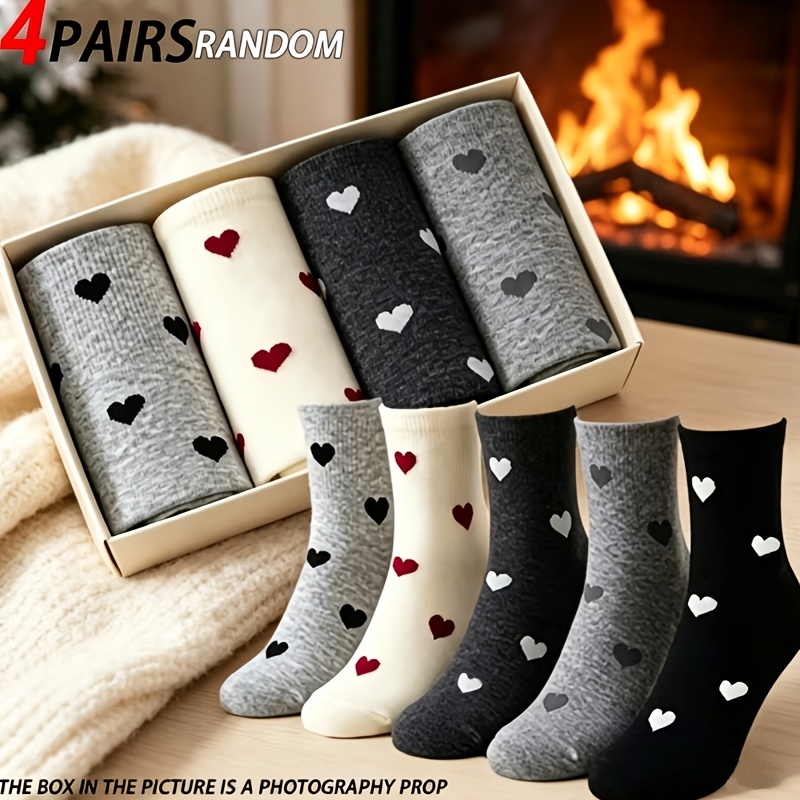 TEMU Confezione casuale da 4 di calzini da donna, lunghi, corti a met� polpaccio, con motivo a cuore, versatili e i , , inverno e , unisex, morbidi,
