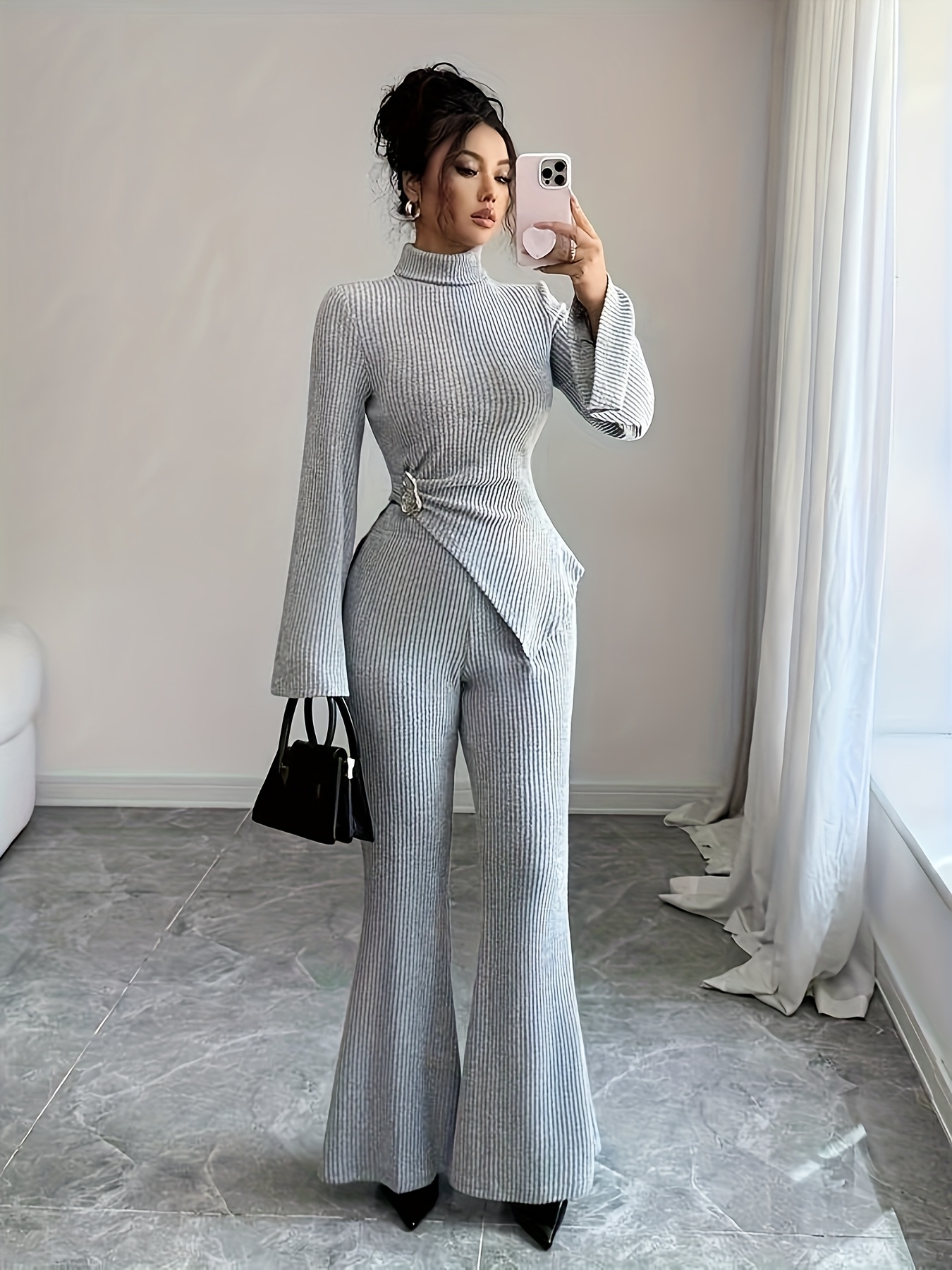 womens autumn winter fleece lined high neck asymmetrical hem long sleeve pants suit elegant solid   Product details 3