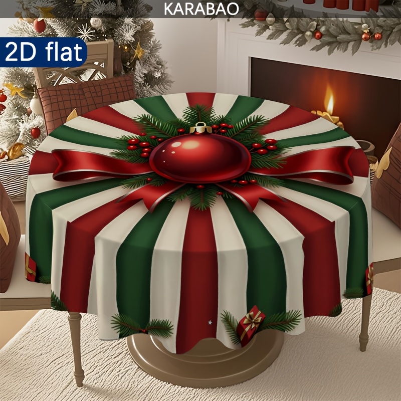 TEMU 2d Flat, 1pc Christmas Red Green Striped Decorative Tablecloth: Festive Atmosphere, Suitable For Family And Parties, Round, Machine Washable,