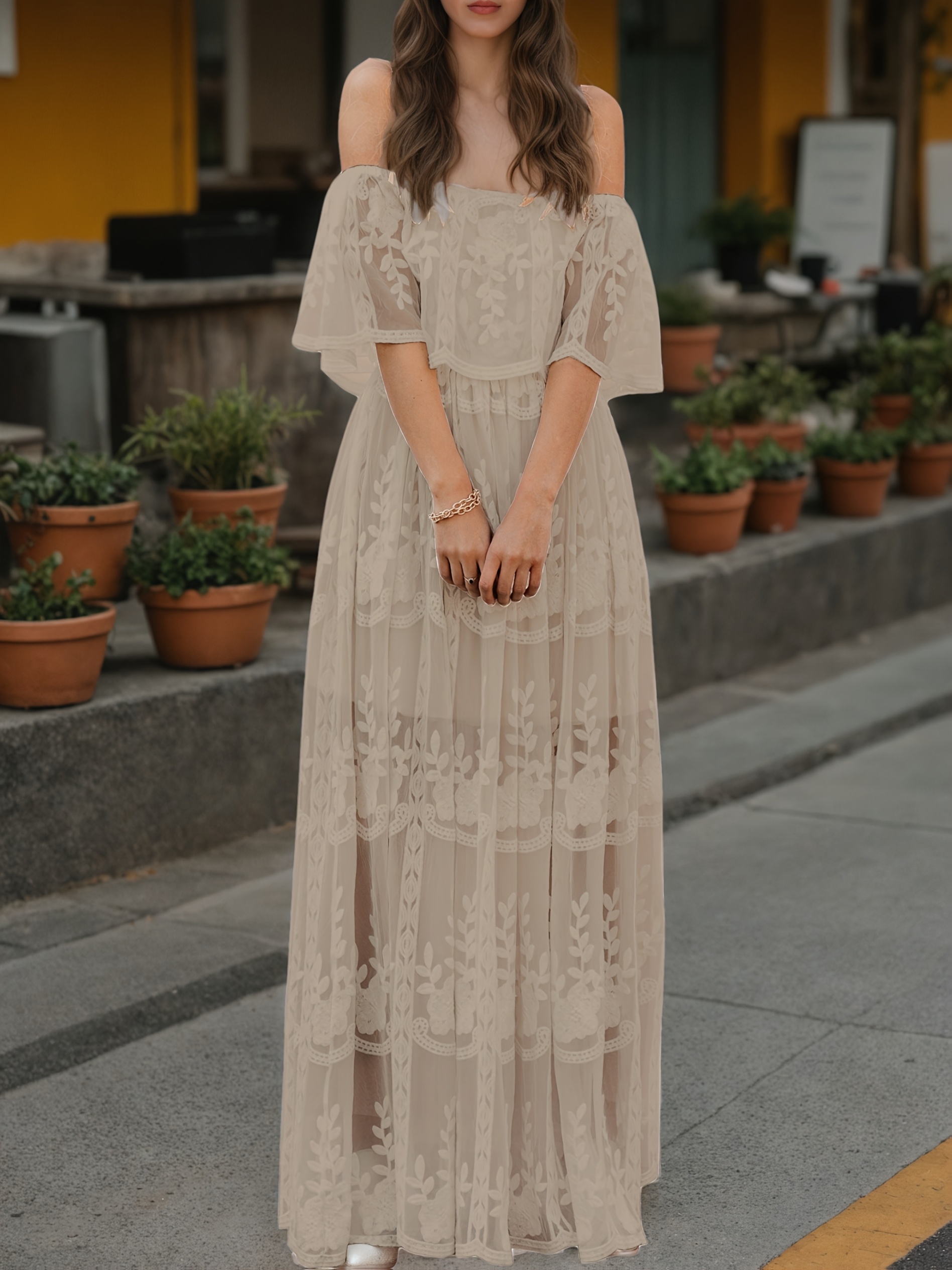 high neck slit dress Zapakasa Women White Lace High-Low Strapless Boho Maxi Dress with Ruffles A  Line Summer Dress main image 0
