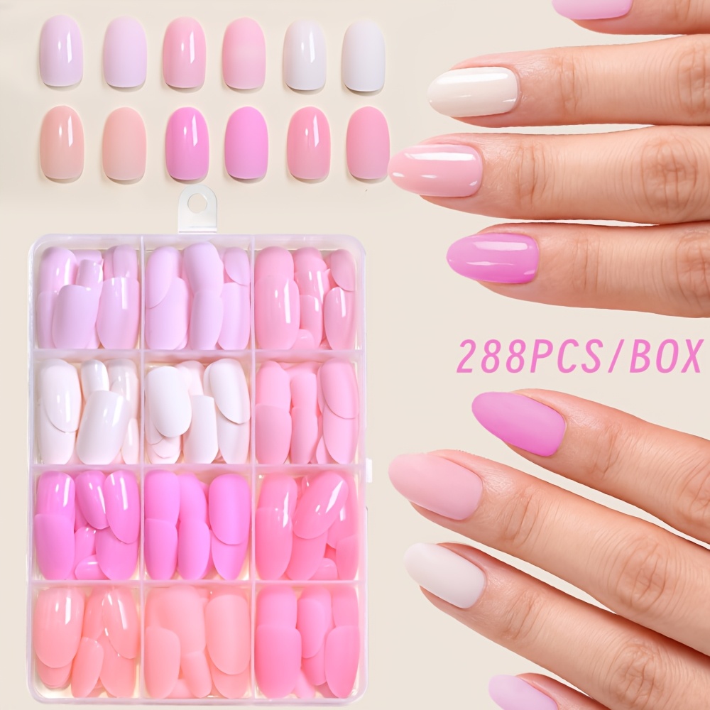 E-shop 288 Stück Aufdrück-Nagelset, Nude Pink Weiße Gel Künstliche Nägel, Ovale Mandel Falsche Nägel Kit für Frauen, Wiederverwendbare