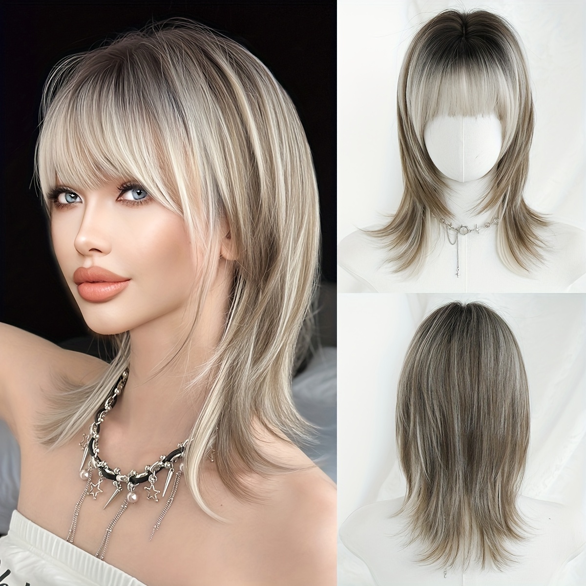 E-shop Kostüm Perücke Kurze Gerade Ombre Graue Perücken mit Dunklen Wurzeln Hochschichtige Highlight Beige Perücken für Frauen Täglich Party Gebrauch