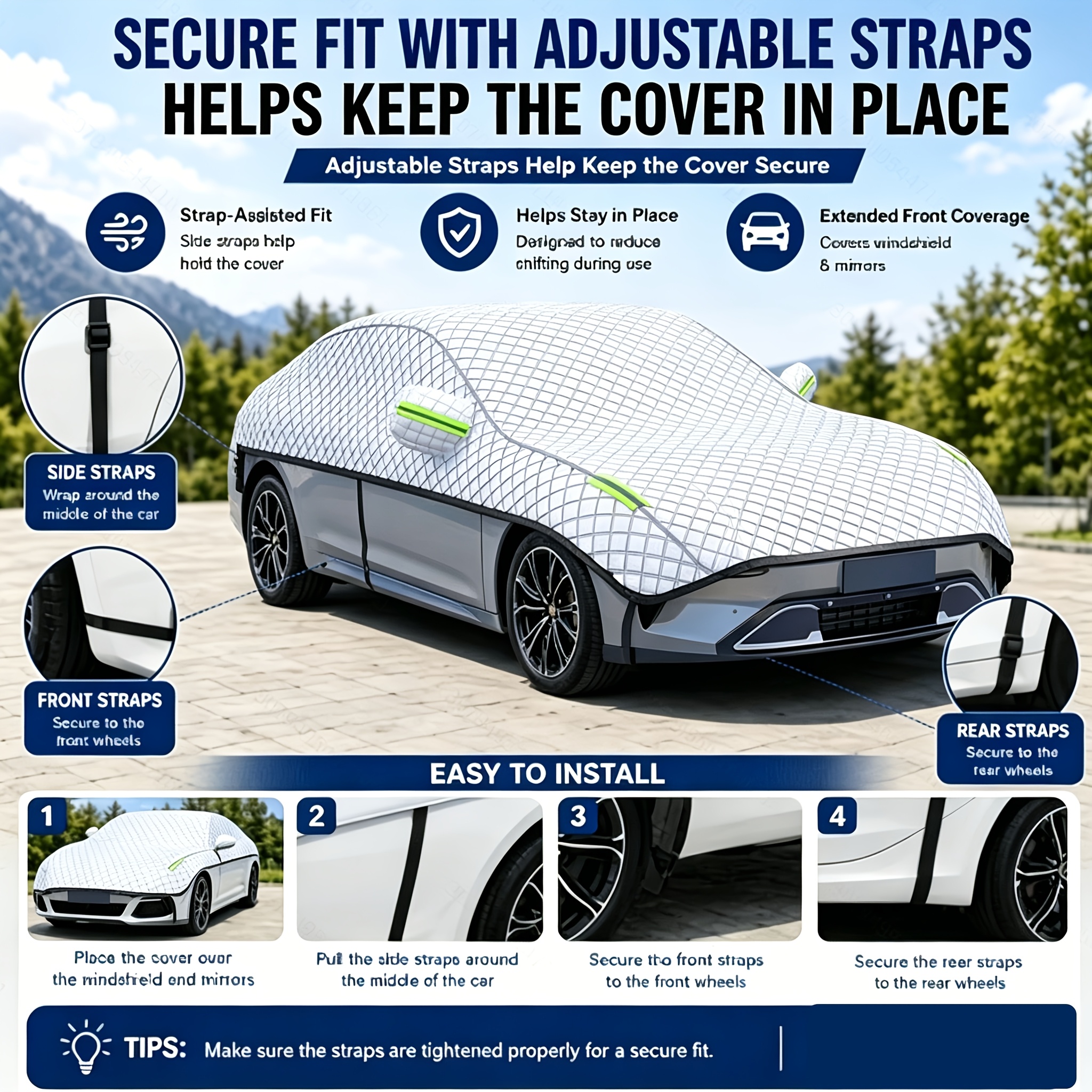 item picture half car cover for sedan suv thickened windshield roof protector snowproof dustproof sunshade with reflective strips and mirror pockets foldable  