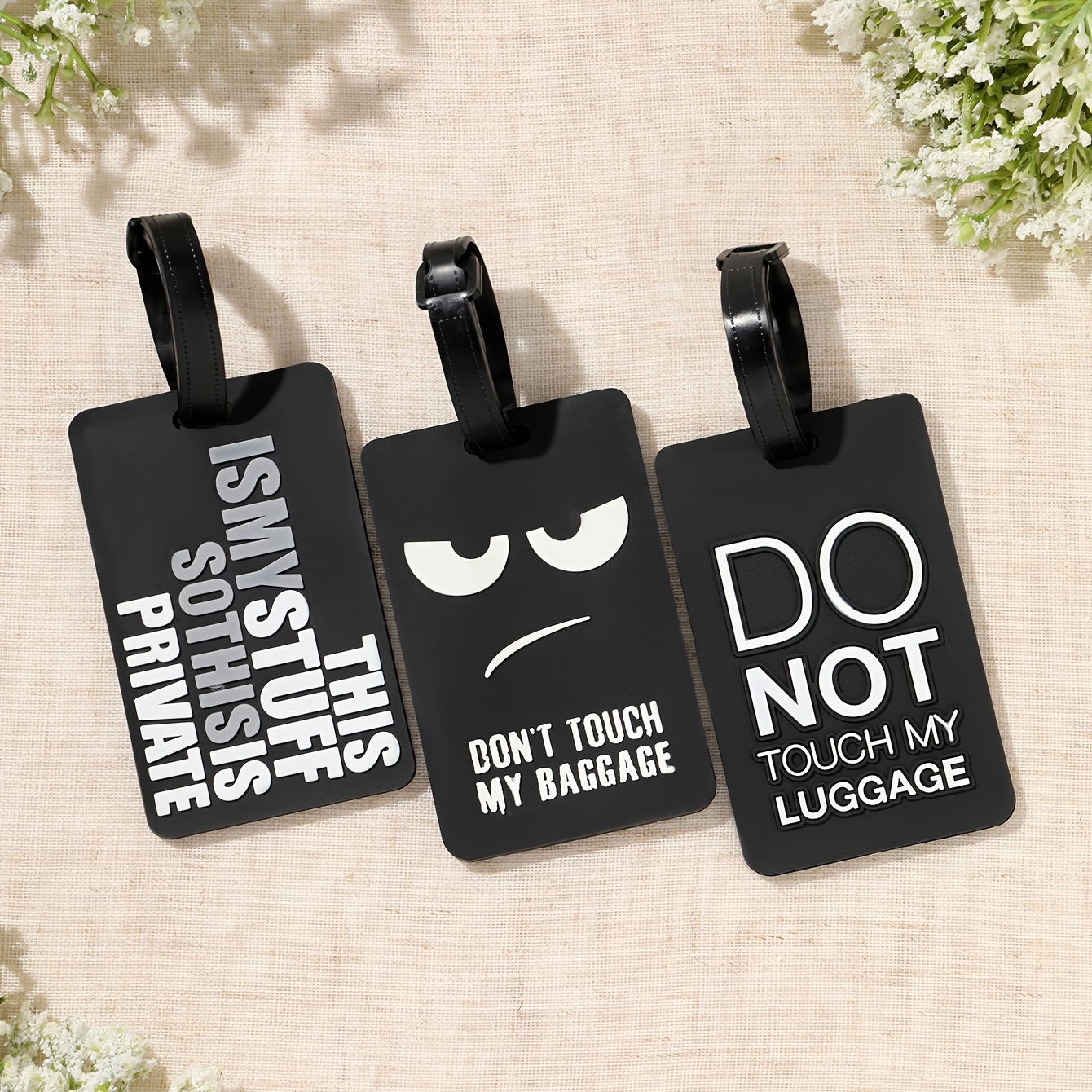TEMU 3pcs Pvc Soft Luggage Tags, 3d English Slogans, Frowning , Vertical Personal Item Text With. Soft And Wear-resistant, With Secure Hanging Strap,