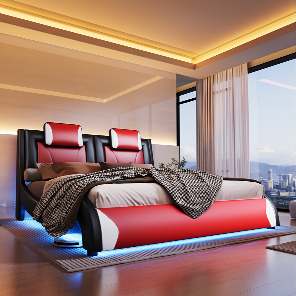 TEMU Luxoak Full/queen-size Platform Bed In Modern Faux Leather, Featuring A Wave-like Curve And Led Lighting, Spring Needed