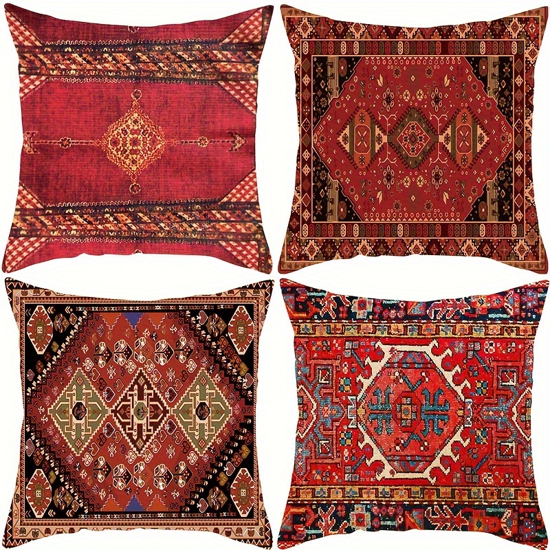 

4pcs housses de coussin en lin , hypoallergénique, 18x18 pouces, étuis de coussin imprimé ethnique, lavable en , fermeture à glissière décors de chambre