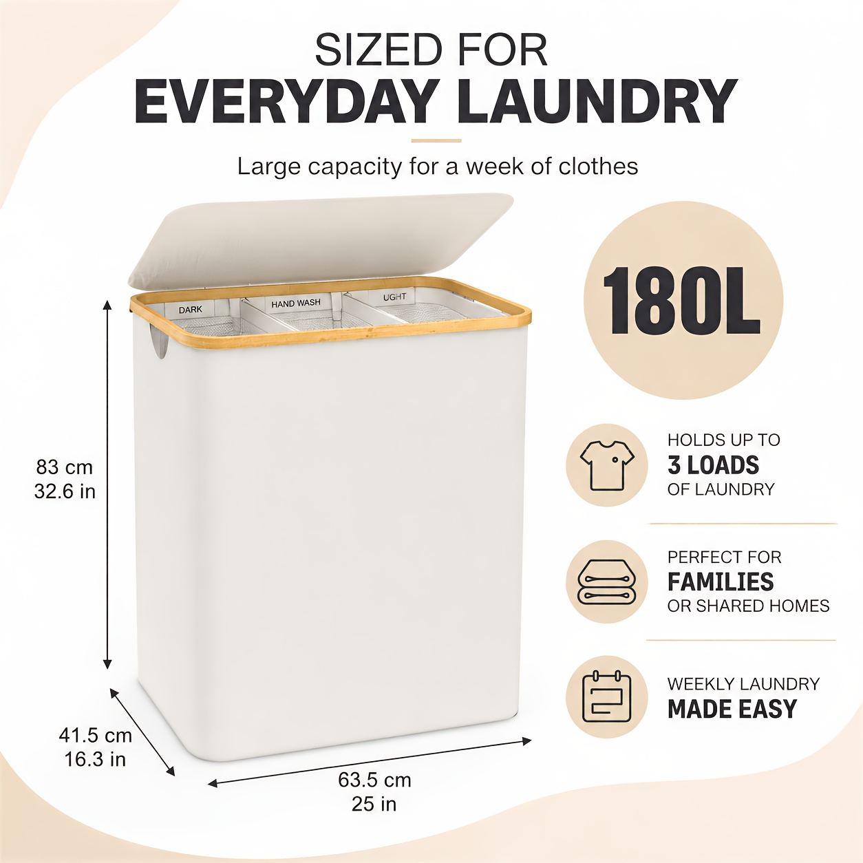 Image of 160l Laundry Basket With Lid, 3-compartment Laundry Hamper With 3 Removable Bags, Large Foldable Laundry Sorter With Handles, Washing Basket For Bedroom, Bathroom & Laundry Room