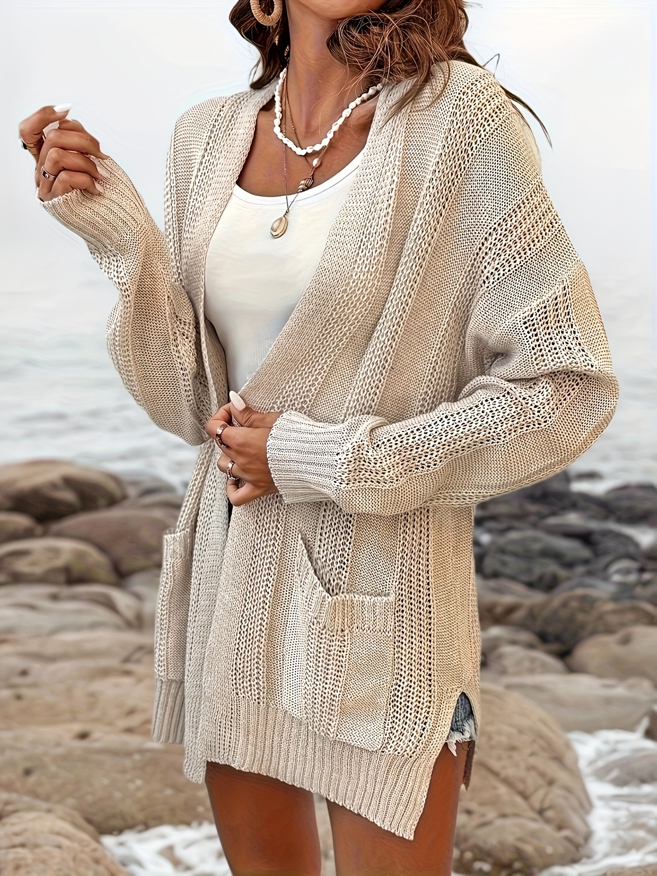 womens elegant long sleeve knit cardigan pockets beige Temu Canada