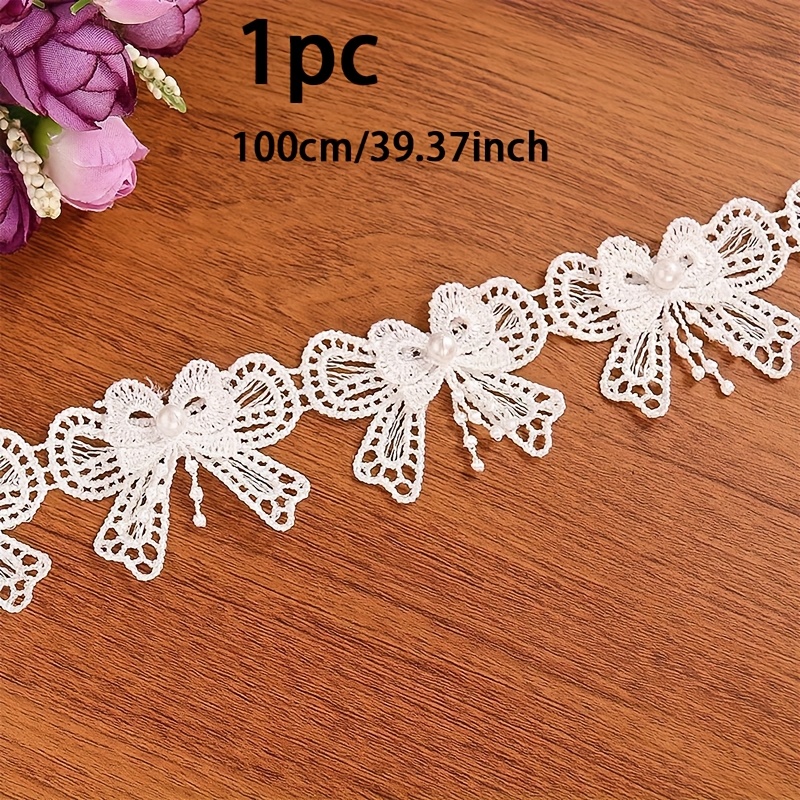TEMU 1pc 1m/39.37inch Elegant White Bow & Pearl Bead Lace Trim - Embroidered Polyester Ribbon For Wedding, Bridal Gowns & Formal Attire Decor,