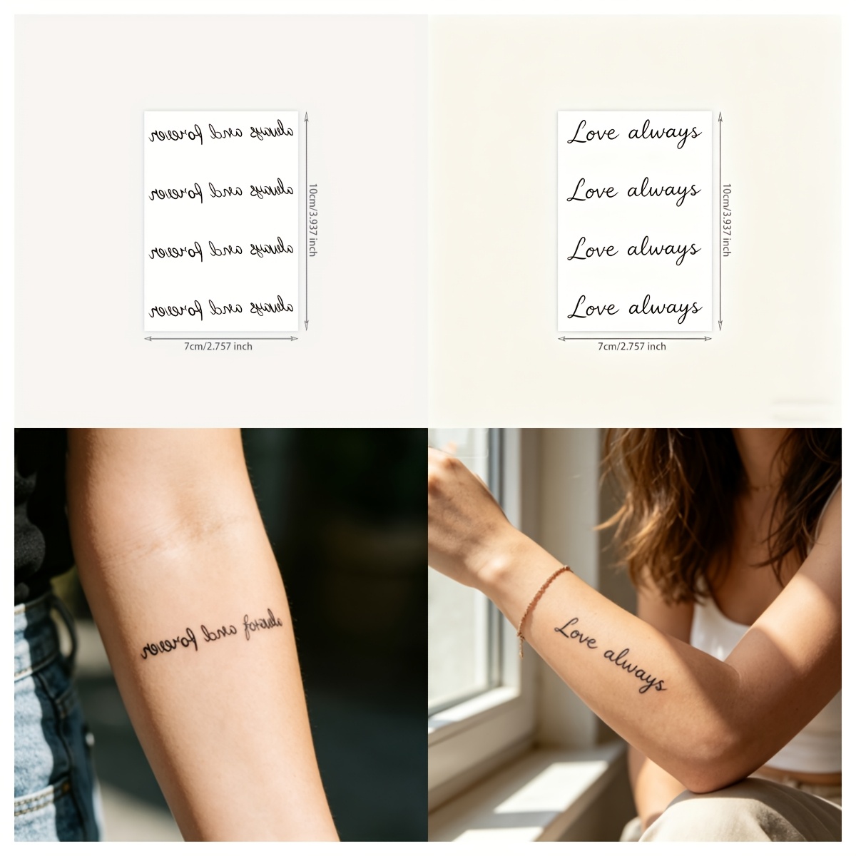 TEMU 2pcs Temporary Tattoo Stickers Suitable For Lasting 1-3 Days With Eternal Minimalist Cursive Lettering & Black Ink - Long-lasting Rectangular