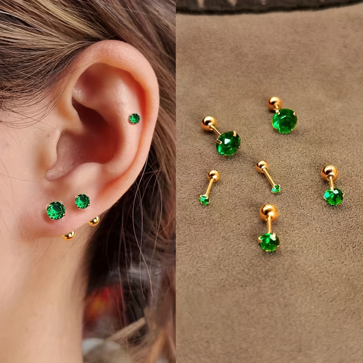 Classic Style Stainless Steel Green CZ Twist Ball Stud Earrings
