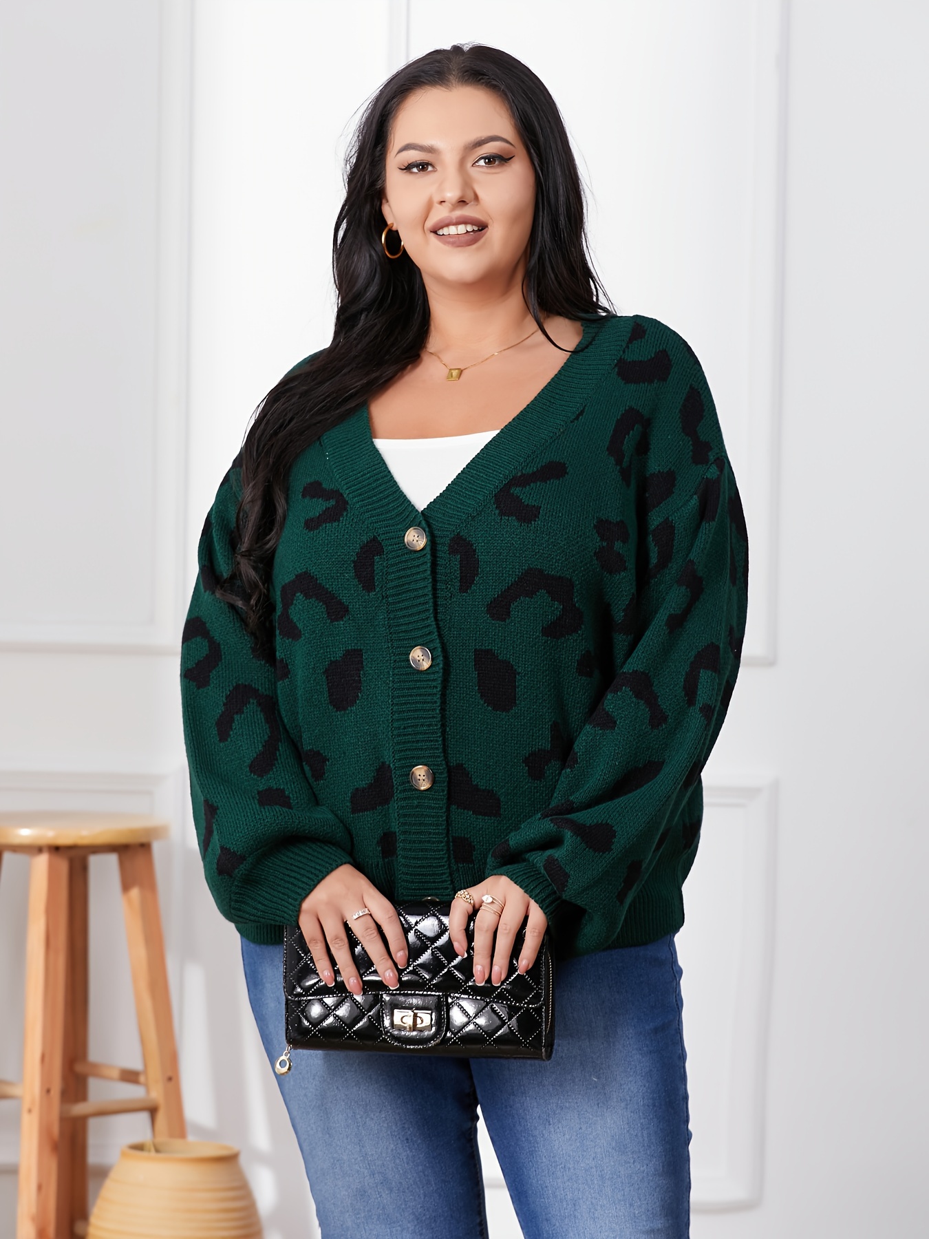 plus size v neck leopard print cardigan sweater 100% acrylic