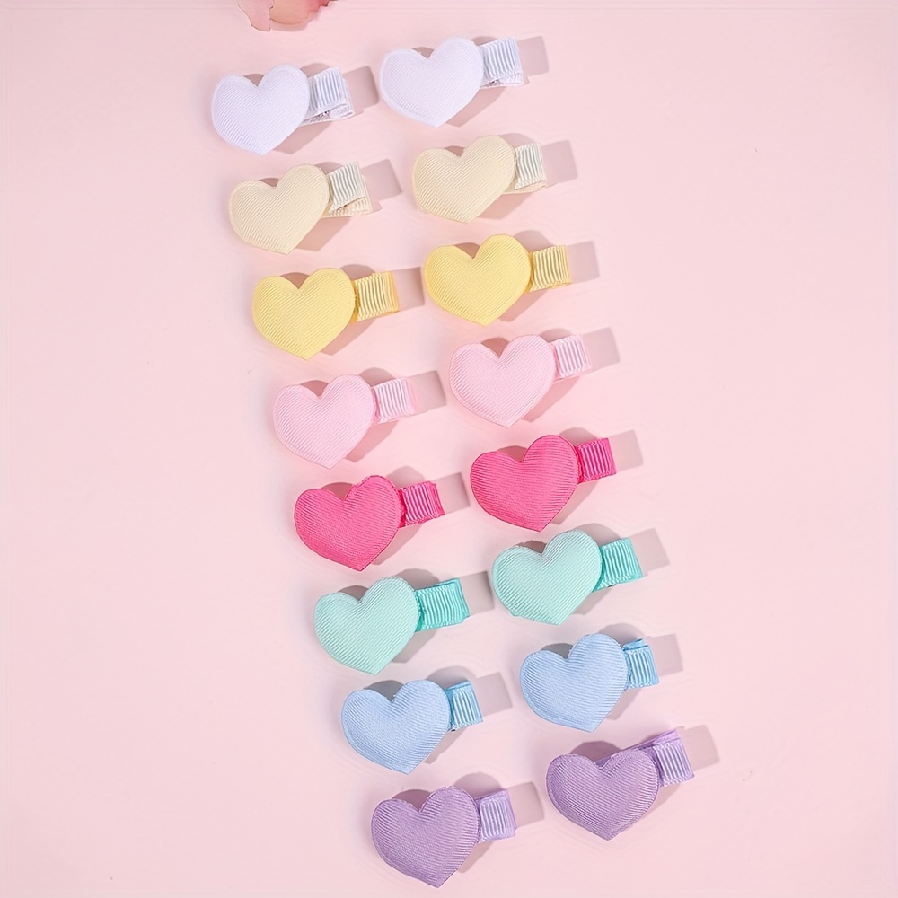 

16pcs Cute Solid Color Hair Clips For Girls Mini Heart Decor Hair Clips Ribbon All-inclusive Clips Hair Accessories For Valentine's Day Gifts