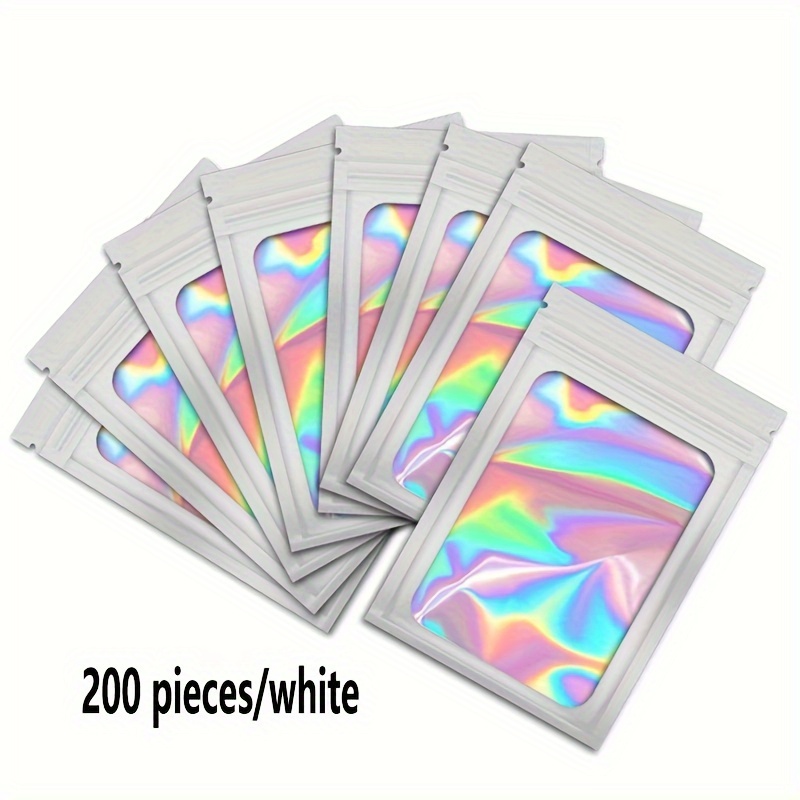 

200 Pieces Of Multifunctional Packaging Bags: Black And White Holographic Sealable Bags With Reusable Zipper And Clear Windows For Food Storage, Diy Crafts, And Jewelry Display