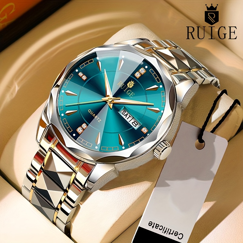 TEMU Ruige Men's Watch Quartz Watch Luminous Stainless Steel Luxury Calendar Men's Chronograph Watch Thanksgiving Day