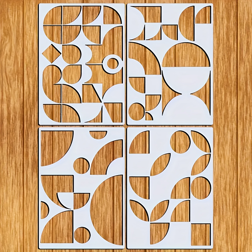 E-shop 4 Stück Geometrische Schablonen, A4 Größe, Minimalistisches Abstraktes Design, Waschbar & Wiederverwendbar für Wanddekoration, DIY Basteln,