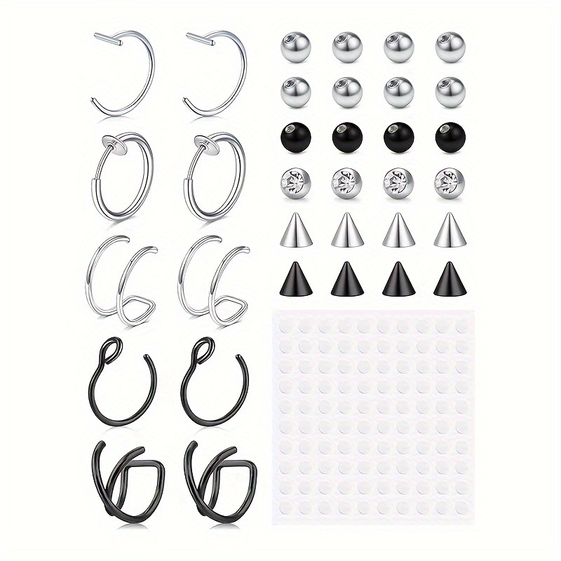 

31pcs Fake Piercings Fake Lip Ring Fake Nose Ring Hoop Fake Snake Bites Fake Eyebrow Piercing Ear Cuff Clip Fake Nose Ear Lip Studs With Replacement Balls No Piercing Jewelry Silver Black