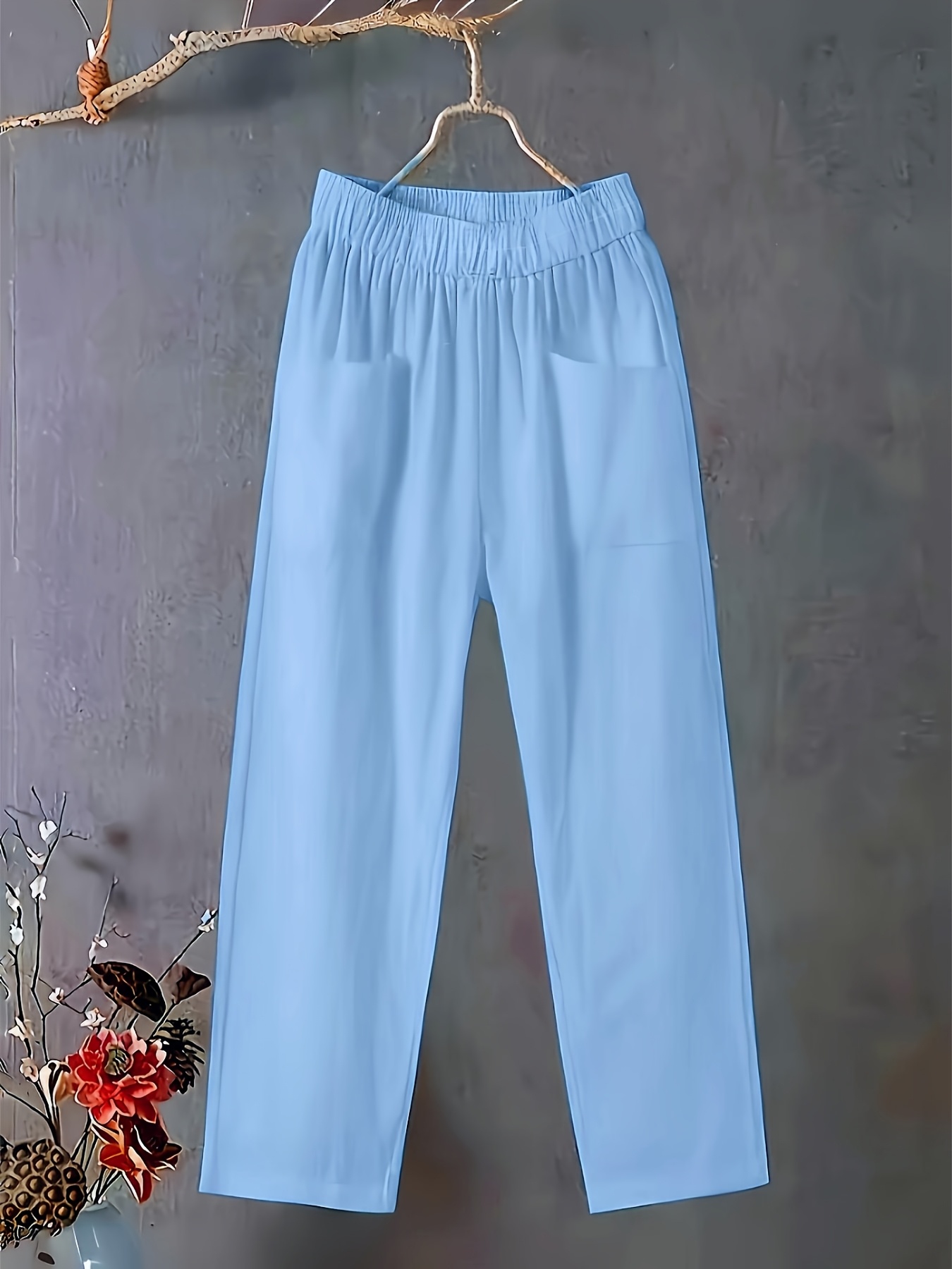 Women's Plus Size Lightweight Straight-Leg Pants - Casual White Harem Style, Elastic Waistband, Polyester, Machine Washable for Spring/Summer/Fall