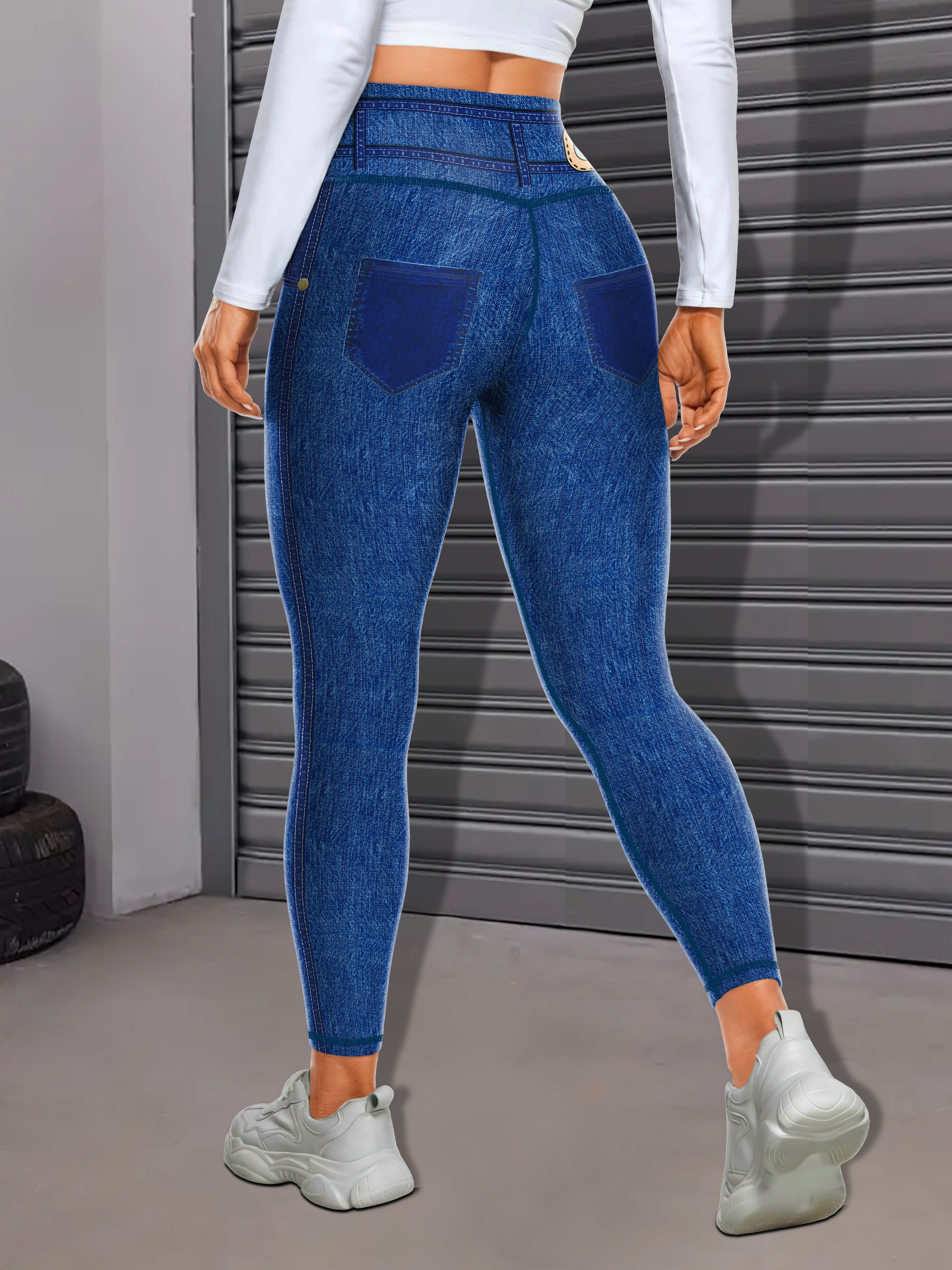 Innerwin Capri Fake Jeans Tummy Control Women Look Print Jeggings Workout  Butt Lifting Stretch Denim Printed Leggings Blue C L 