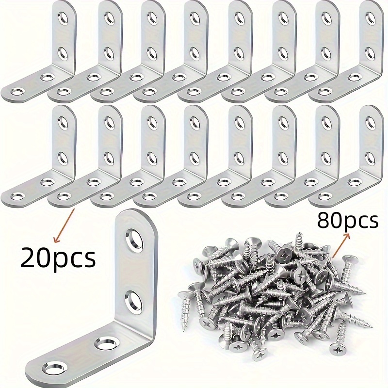 

100pcs, 20pcs L-bracket Stainless Steel Angle Iron Set 1.57x1.57 Inch With 80 Screws, L-bracket Fixtures Used For Wooden Shelves, Chairs, Tables, Dressers, Furniture Silver