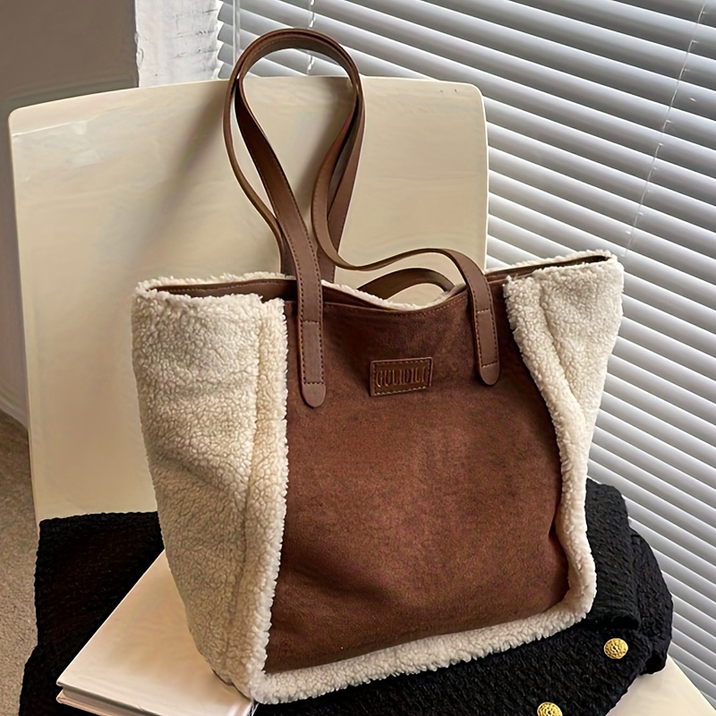 

1pc NingJia Grande Sac Fourre-Tout Mode, Sac À Bandoulière En Tissu Pelucheux Avec Bretelles Fixées, Doublé En Polyester, Fermeture À Boucle, Motif, Pour Femmes - Disponible , Café, Miel