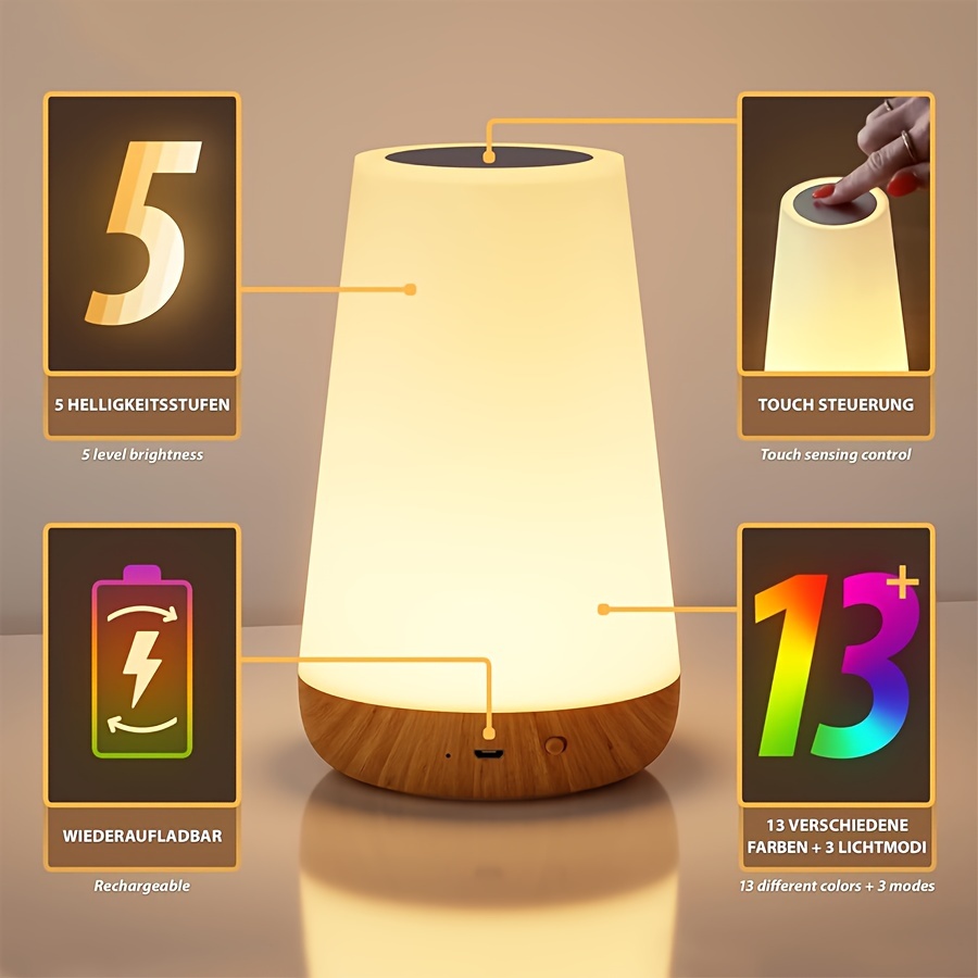

Magic Touch Rgb Night Light With Wood Grain Design - Dimmable, Color-changing Led Lamp For Bedroom & Office Decor, Usb Rechargeable