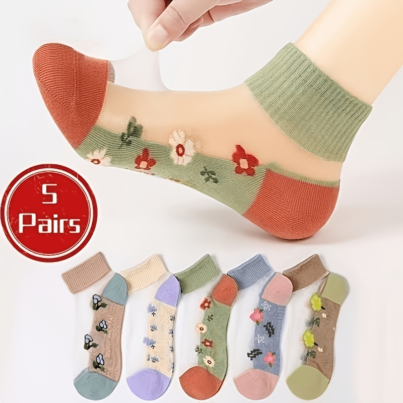TEMU 5-pair Fiber Fabric Women's Short Crystal Socks, Glass Fiber Short Socks, Cassette Boat Socks, Ultra-thin, Breathable, Anti-snag