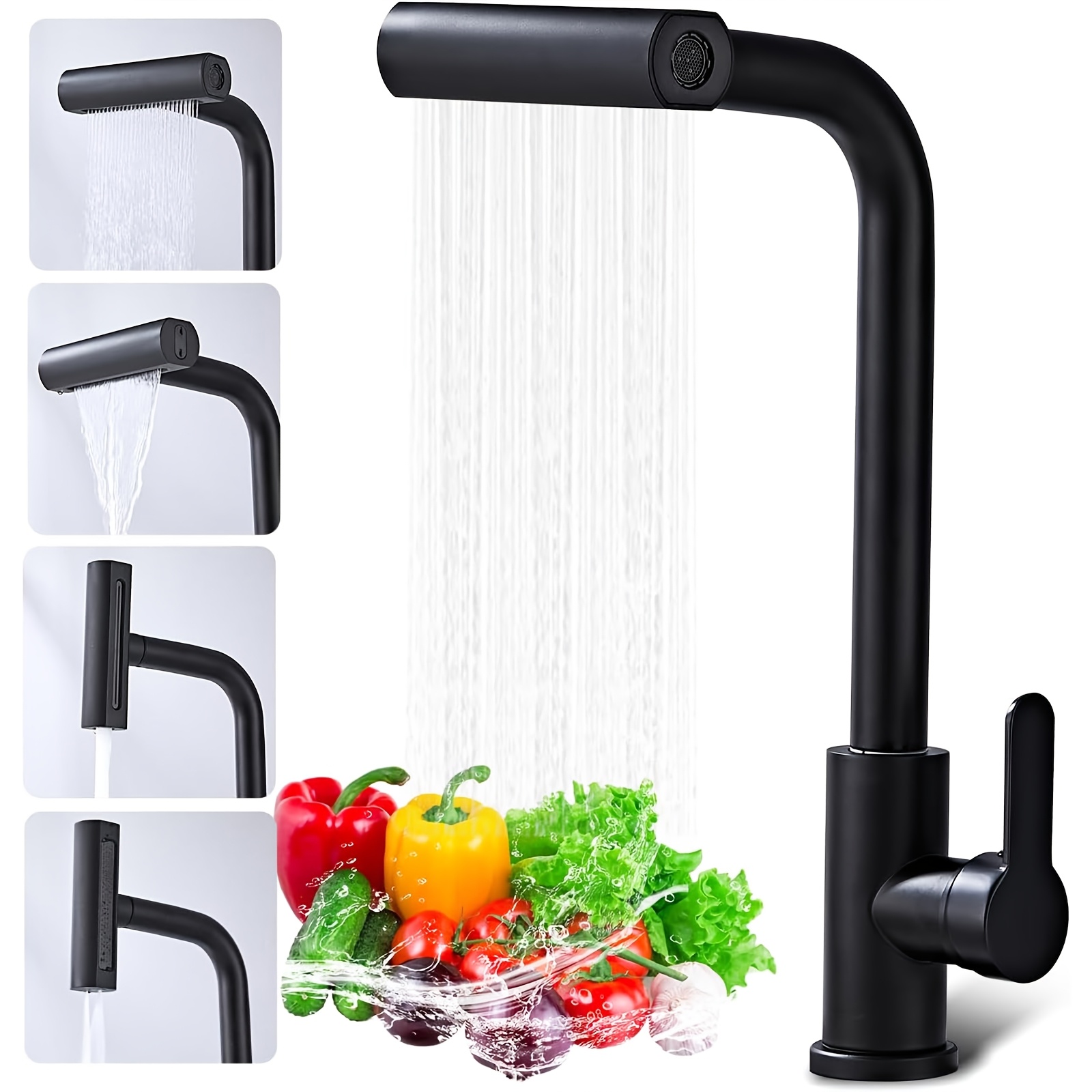 Image of Pull-down Kitchen Faucet With Sprayer, Matte Black Waterfall Kitchen Sink Faucet, Commercial Single-handle Faucet, With 4 Spray , Suitable For Farmhouse Style, Rv, Laundry Room, And Utility Sink