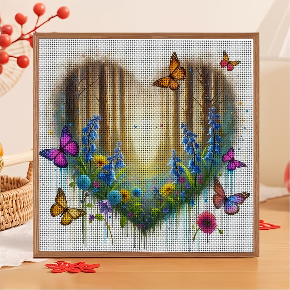 Printed Cross-Stitch DIY Kit "Heart-Shaped Forest Butterfly Flower"