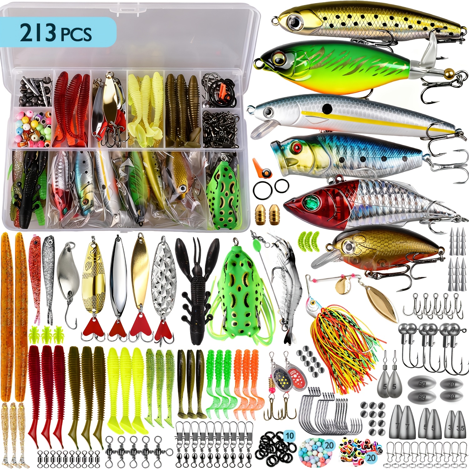 TEMU Kit de pêche à leurre d'eau douce 69/109/213 pièces, ensemble d'accessoires de pêche pour bar, truite et , comprenant des leurres de cuillère et