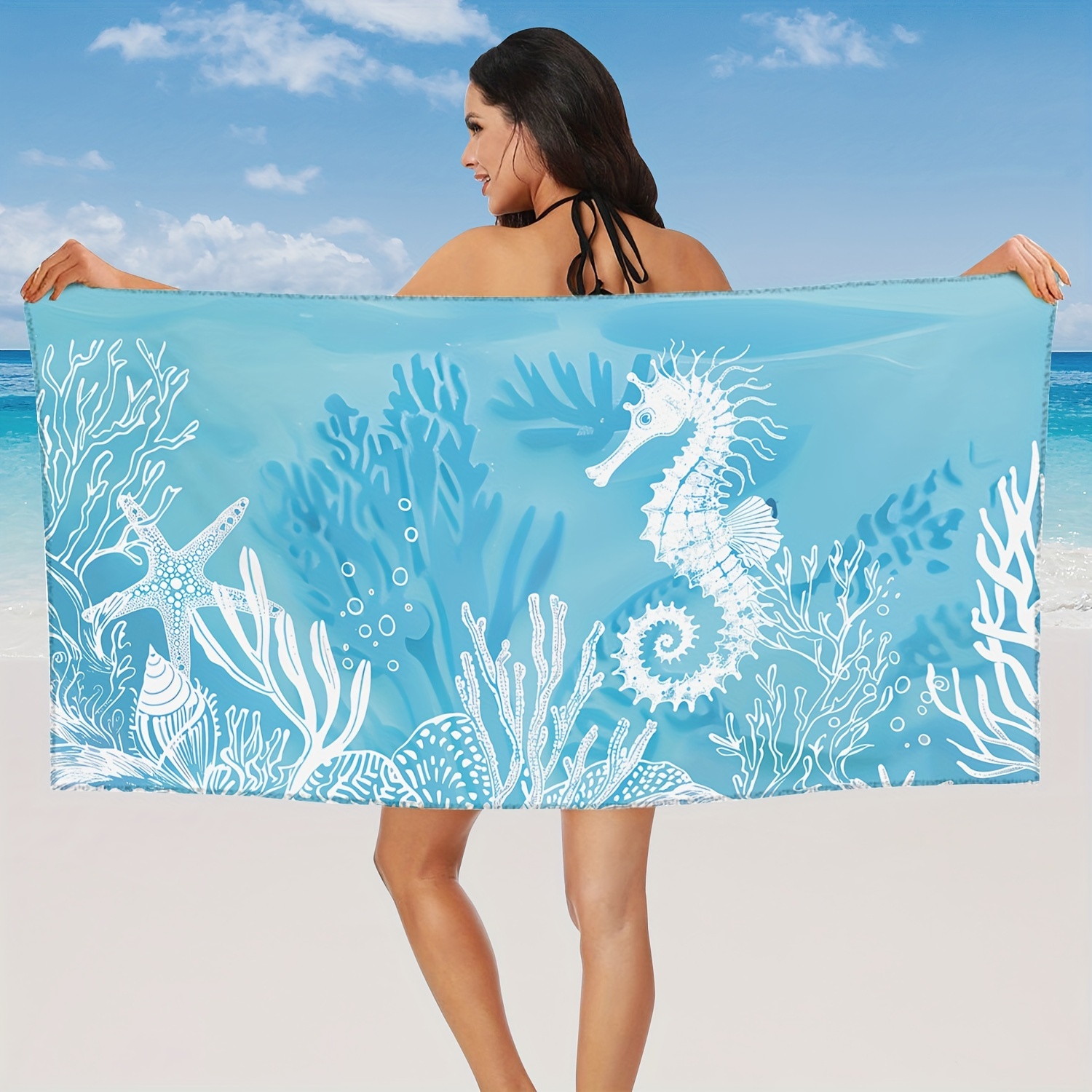 

1pc Summer Coastal Simple Microfiber Extra Large Beach Towel, Seahorse Starfish Coral Lightweight Sandproof Quick-drying Washable Absorbent Bath Towel