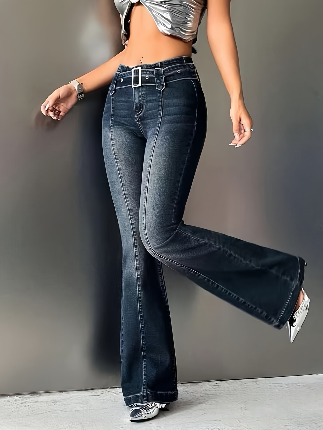 Femmes Taille Haute Extensible Flare Jeans, Pantalon En Jean Évasé À  Avec Ceinture, Style Décontracté, Tenue Polyvalente Pour L'automne