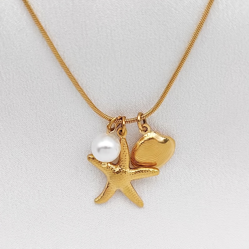 TEMU 1pc 304 304 304 304 Stainless Steel Bohemian Starfish Shell Pendant Necklace Summer Beach Vacation Life Element Necklace