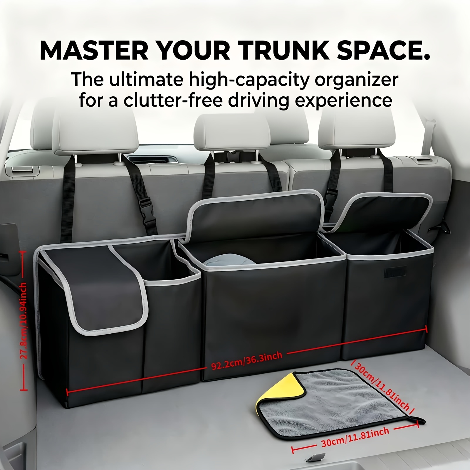 TEMU Multi-functional Car Trunk Organizer Bag, Oxford Material, With 4 Large Pockets And 2 Adjustable Straps, Universal Car Rear Seat Storage Bag For
