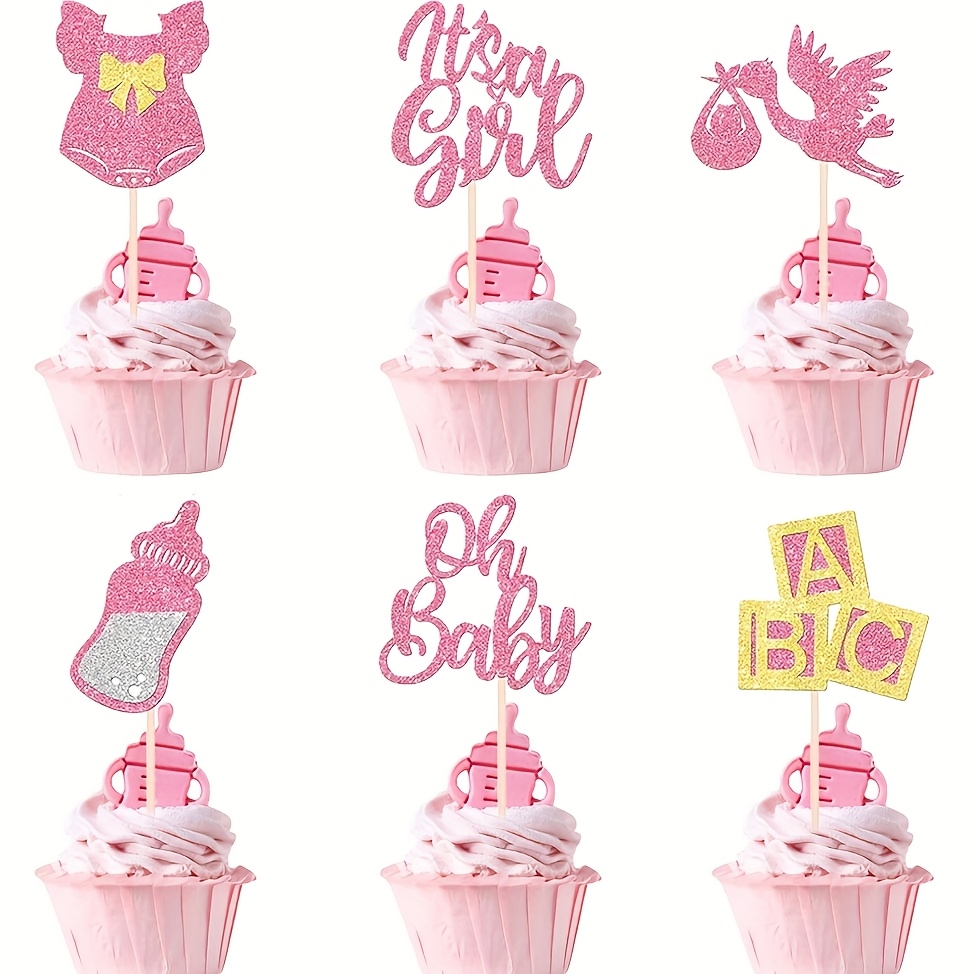 Image of 24pcs Baby Shower Cupcake Toppers Glitter Baby Bottle Bow Dress Cupcake Decorations For Gender Reveal Baby Shower Birthday Party Supplies