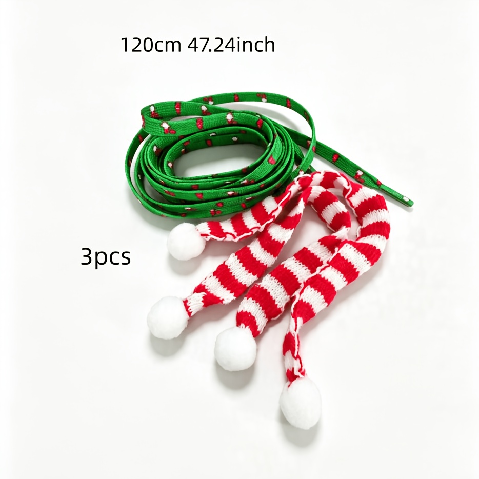 TEMU 3pcs, 1 Pair, 120cm Christmas Green Shoelaces, 2 Cute Striped Pompom Decorations, Suitable For Ladies And Girls As Cute Accessories For Shoes,