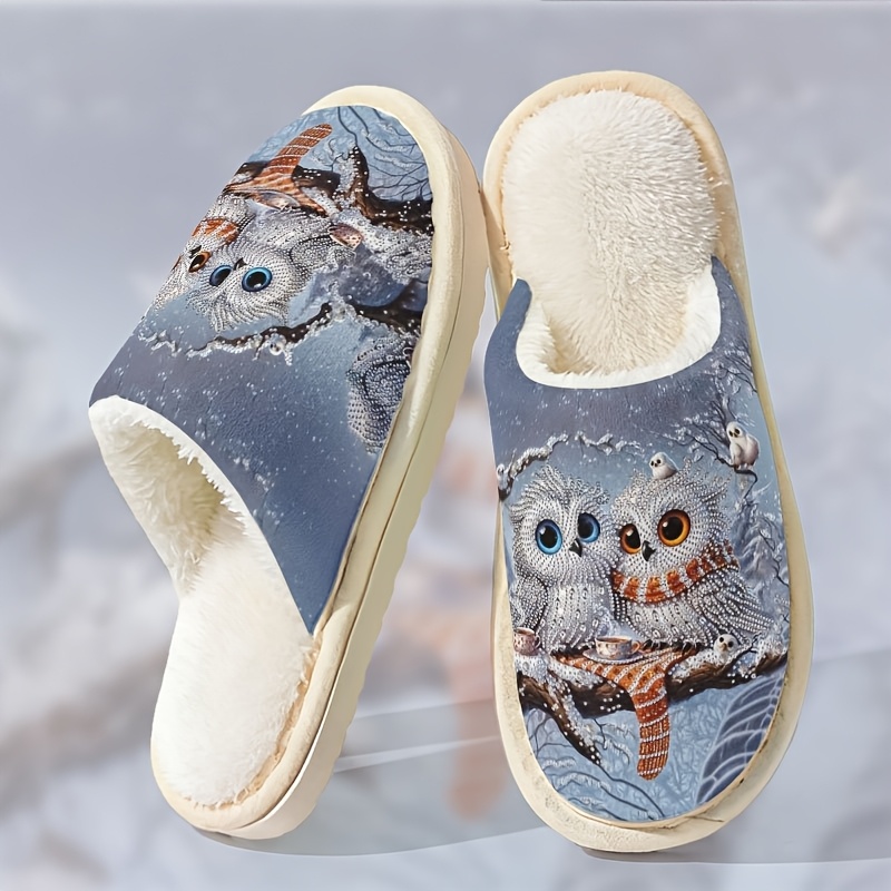 Image of Winter Snow Scene Diamond-studded Owl Couple Print Fleece-lined Slippers Cute Winter Theme Comfortable Slippers, Women Shoes