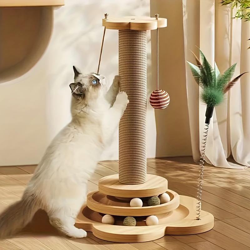 cylindrical solid wood cat scratching board with rope for abrasion     solid wood swivel with entertainment ball side feather spring decoy