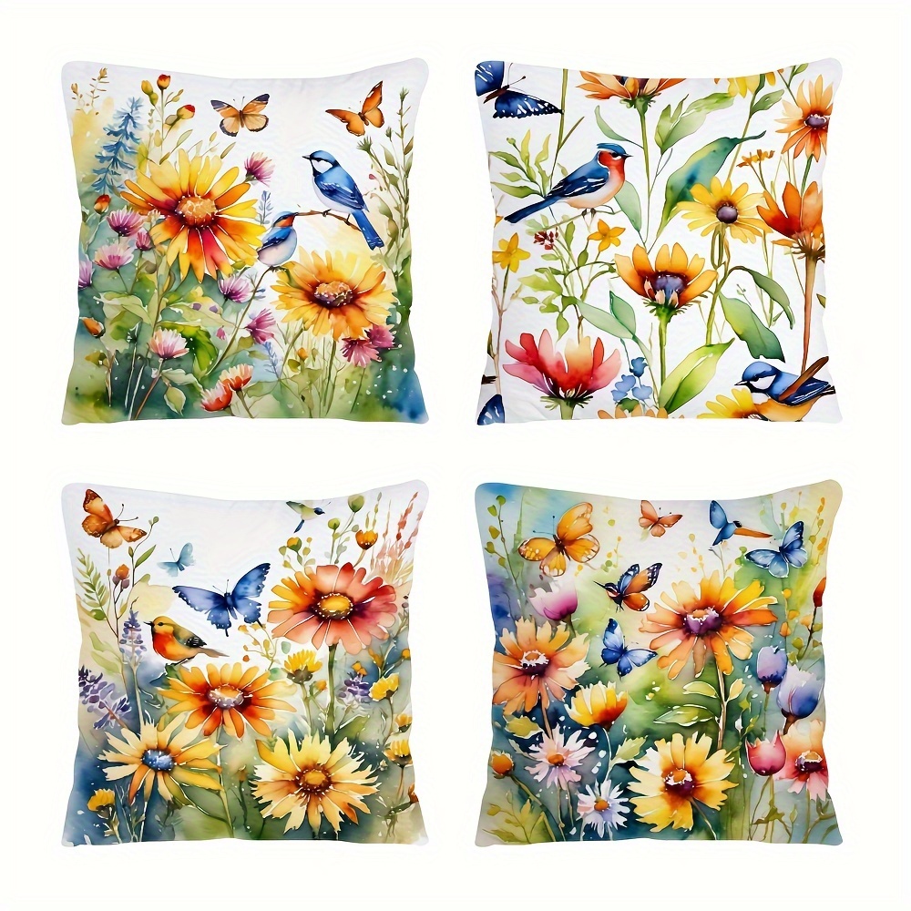 

4-piece Set Decorative Cushion Covers, 18x18 Inches, Vibrant Floral & Design - Ideal For Outdoor, Living Room, Bedroom & More - Allergy-friendly Polyester, Zip Closure - Pillow Inserts Not Included