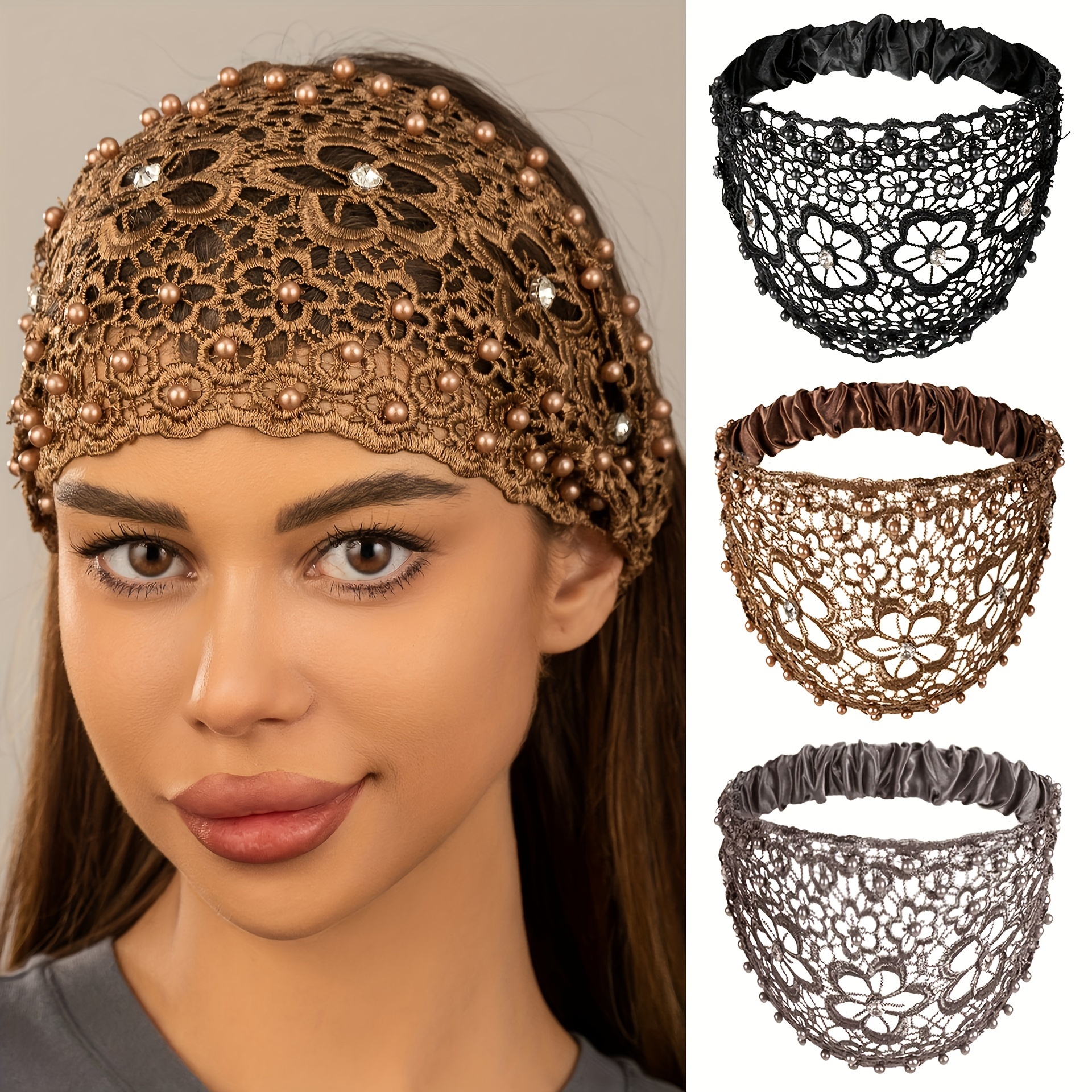 

4-pack Headbands With Pearls - Wide Hollow Hair Wraps, Vintage-inspired Stretch Hair Accessories For Women - Soft Polyester Material, Knit Fabric, Wear, Random Drilling Position