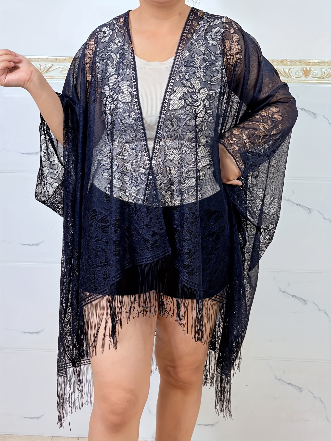 womens plus size beach poncho fringe detail casual summer Temu