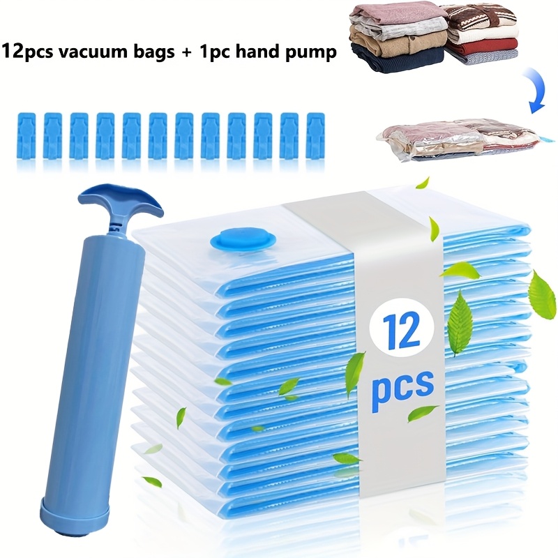 set of 12 vacuum sealed storage bags with a manual pump including 12 small 12 medium and 12 large bags   rectangular plastic bags are designed to   and are perfect for storing clothing and bed making them ideal for travel