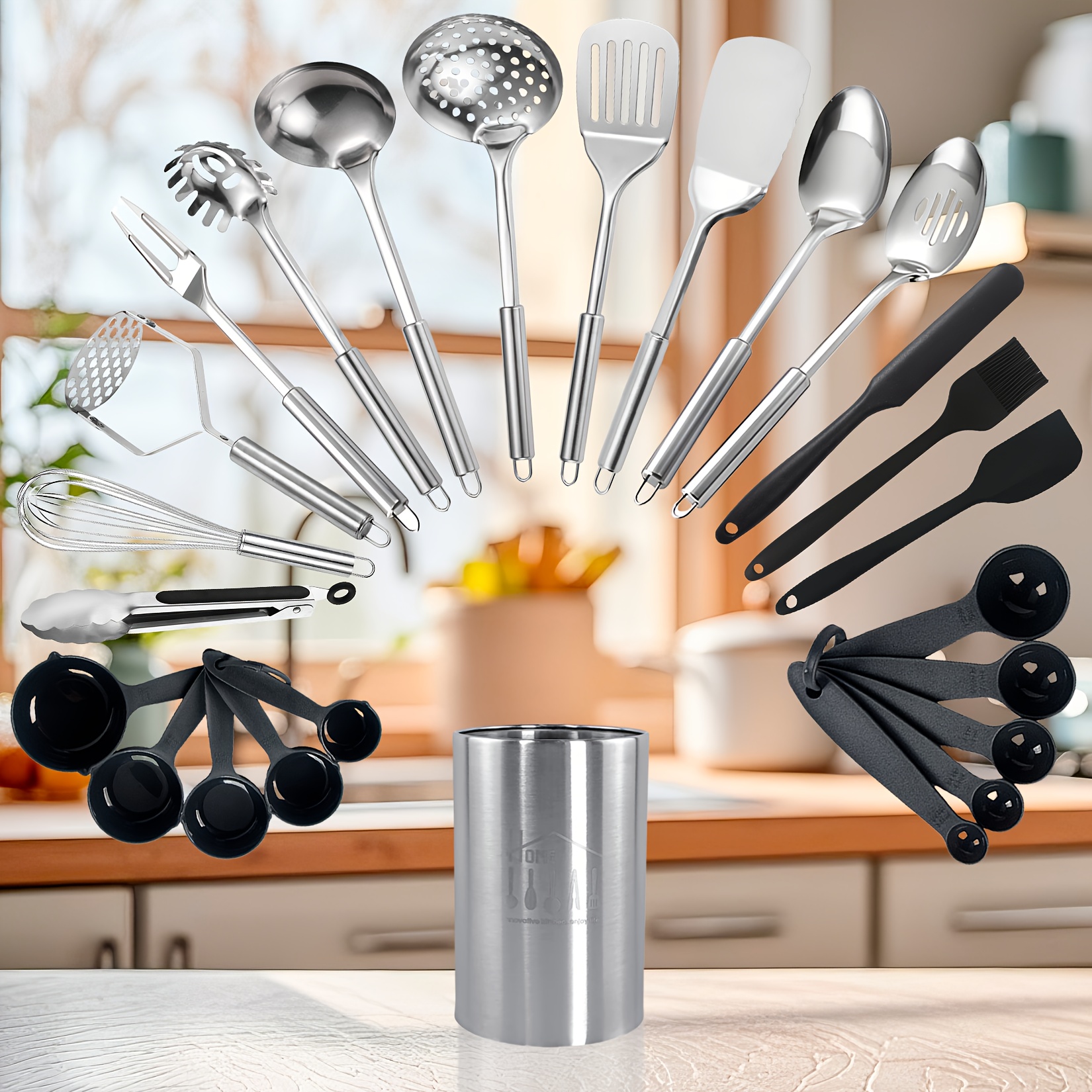 TEMU 25pcs Metal Cooking Utensils Set, Stainless Steel Kitchen Utensils Set For Cooking, Heat Resistant Spatula Set With Turners, Serving Spoon,
