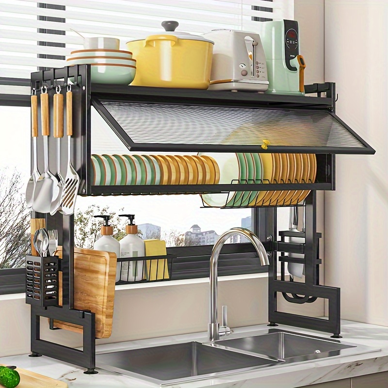 1pc escurridor de platos sobre el fregadero, estante de almacenamiento de metal de 3 niveles, organizador que para platos, vasos, tazones y cubiertos, y negro, en el piso, de estante de cocina multiusos, estantes de públicos detalles 1