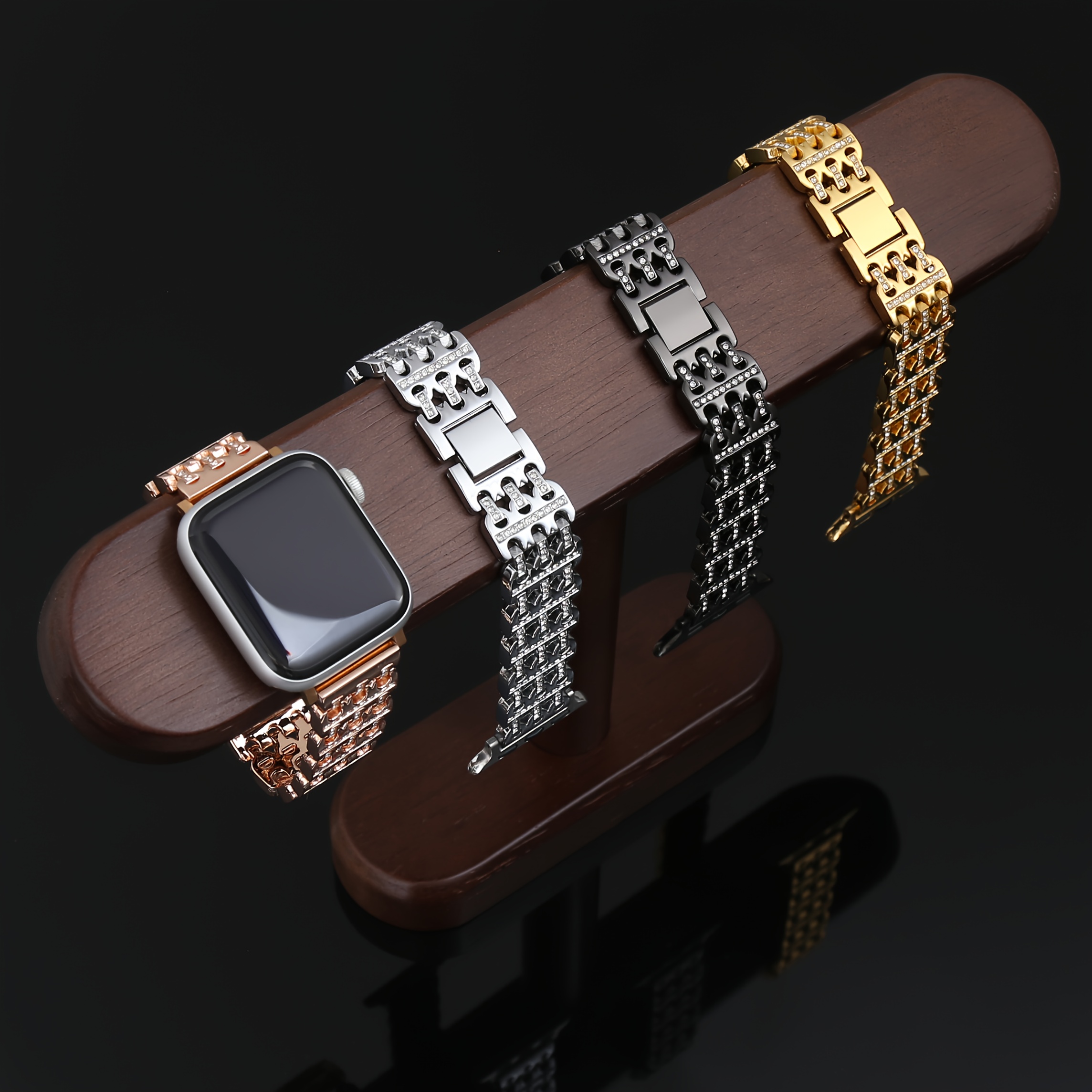 Luxury Bling Metal Watch Band for Apple Watch - Rose Golden/Silvery/Black/Golden Stainless Steel Replacement Strap with Diamond Design, Compatible with iWatch S10/Ultra 1/Ultra 2/S9/S8/S7/S6/S5/Series 4/SE