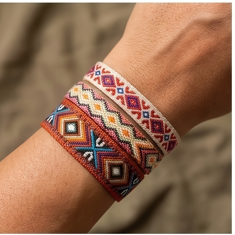 TEMU 3pcs Handmade Woven Contrast Bracelet Set, Bohemian Ethnic Style Embroidered Ribbon Hand Rope, Birthday Gift For Girlfriend Best Friend