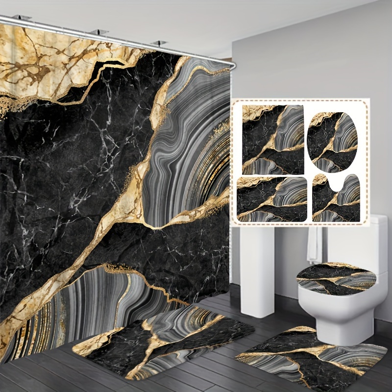 

1/4pcs Black & Golden Marble Pattern Shower Curtain Set, Shower Curtain With 12 Hooks, Non-slip Bath Mat, U-shaped Toilet Mat, Toilet Mat, Bathroom Decor Accessories