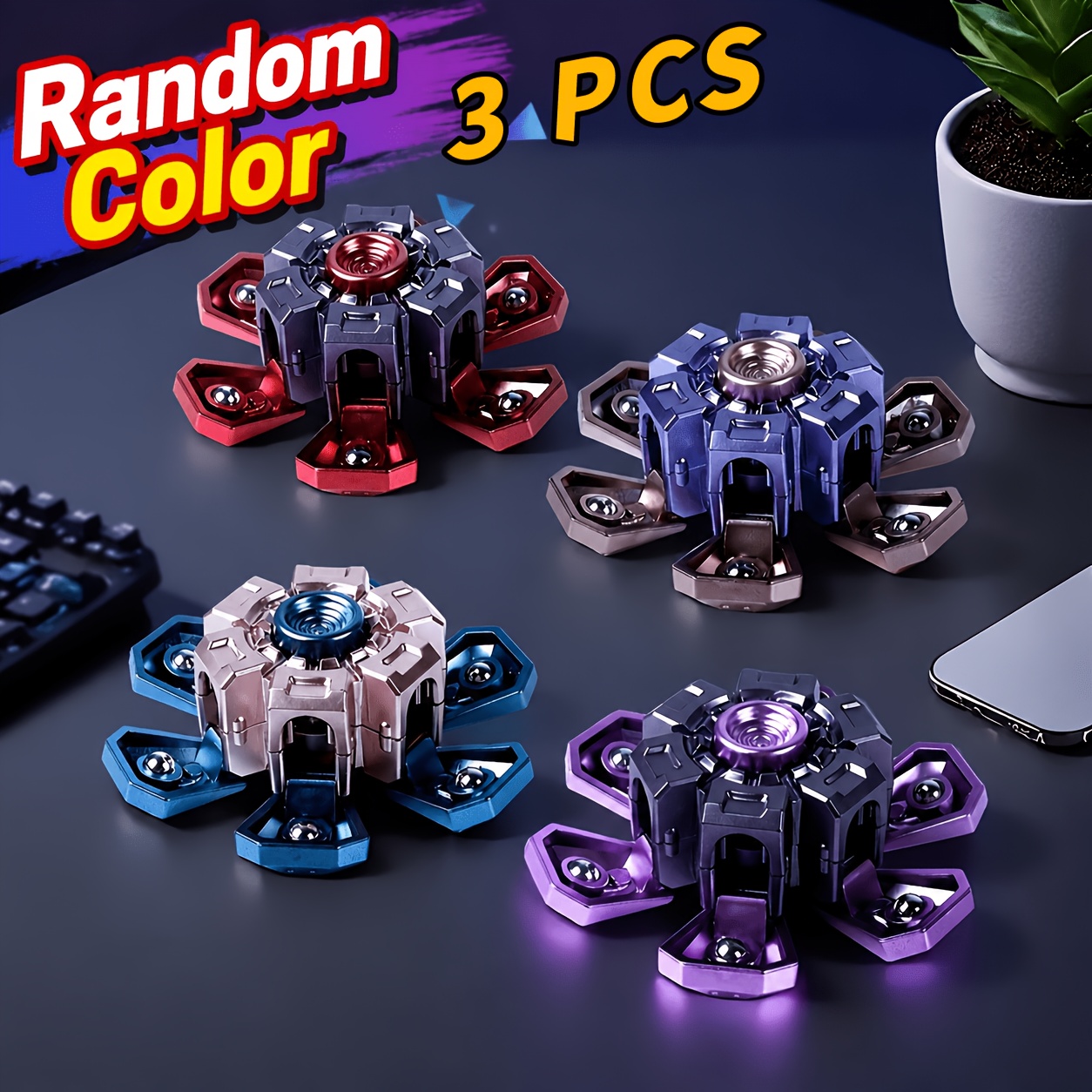 TEMU Random Coloe 3pcs 2in 1 Transforming Spinner Toy, Folding Fidget Spinner With Press Spin Action, Cool Handheld Desk Toy, Smooth Rotating Gadget